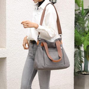 Women's Canvas Tote Handbags Vintage Casual Shoulder Work Bag Crossbody Purses (Grey) One Size