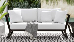 zuri modern outdoor patio nadie stainless steel sofa with quick drying cushion - black/white