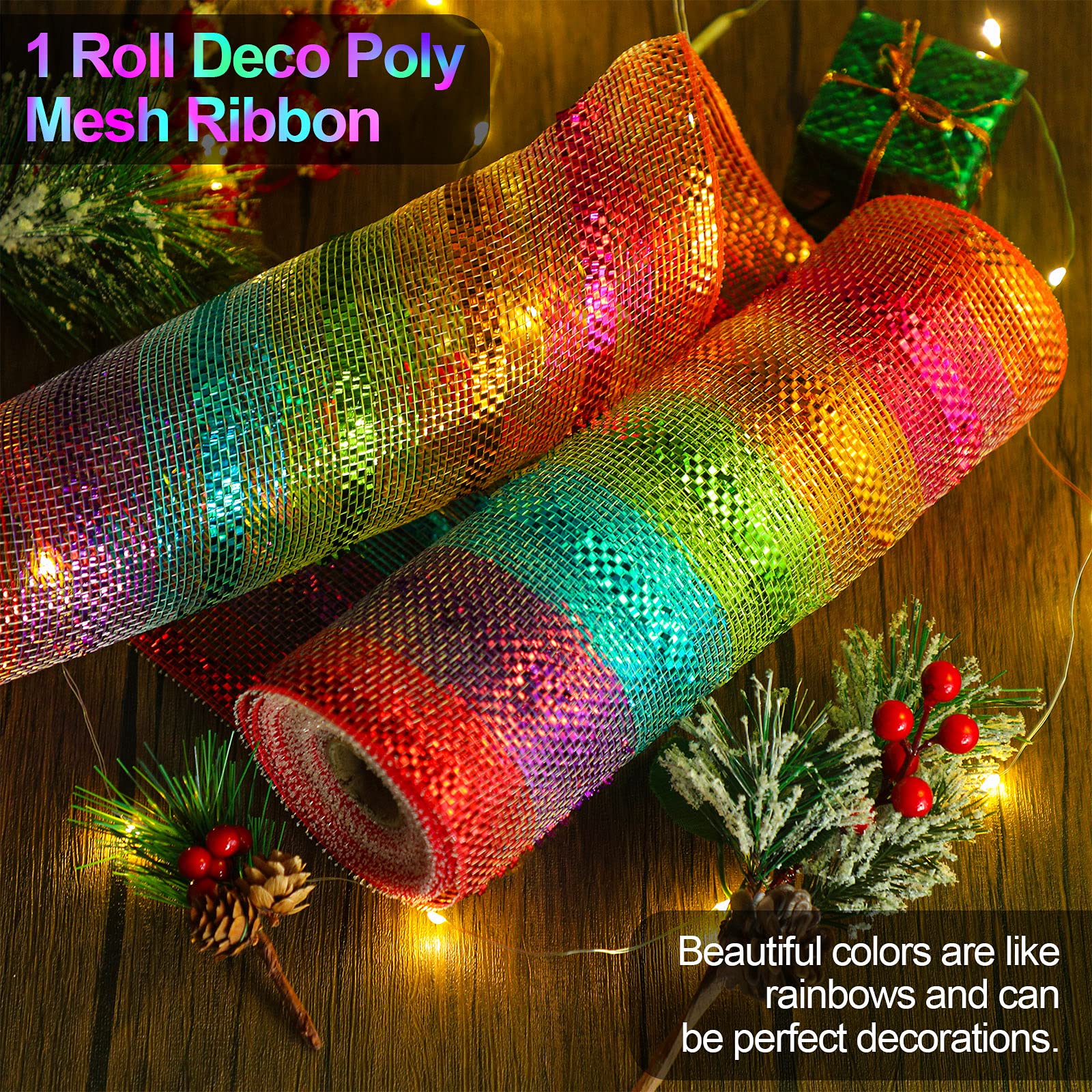 Christmas Deco Mesh Wreath Supplies Deco Mesh 10 Inch Ribbon Poly Mesh Ribbon Colorful Metallic Mesh Ribbon for Christmas Tree Party Wedding Garland,10 Inch x 30 Feet (2 Rolls)