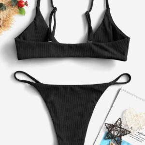 ZAFUL Women's Ribbed O-ring String Bikini Swimsuit Two Pieces Bathing Suit Black