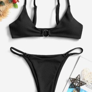 ZAFUL Women's Ribbed O-ring String Bikini Swimsuit Two Pieces Bathing Suit Black