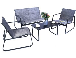 kozyard sofia 4 pieces outdoor patio furniture conversation set with strong powder coated metal frame, one love seat, two single chairs and one table for front porch balcony backyad (gray)