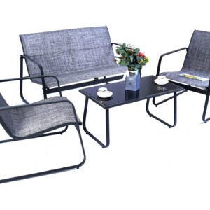 Kozyard Sofia 4 Pieces Outdoor Patio Furniture Conversation Set with Strong Powder Coated Metal Frame, One Love Seat, Two Single Chairs and One Table for Front Porch Balcony Backyad (Gray)