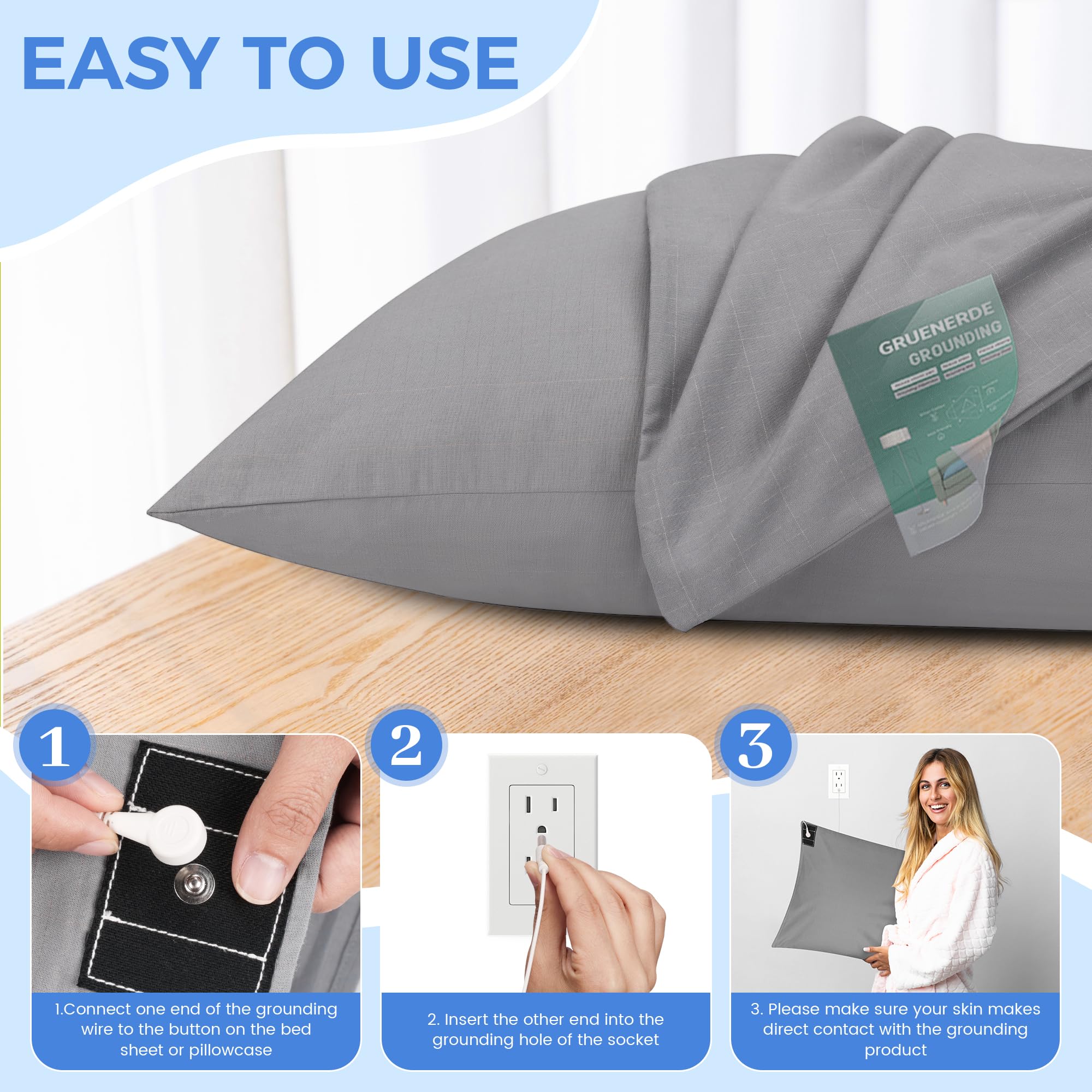 Grounding Pillowcase King with 15ft Grounding Cord Conductive Grounding Pillowcase 20x36in Silver Fiber Improve Sleep Reduce Stress Anxiety Relief Gray 1pc