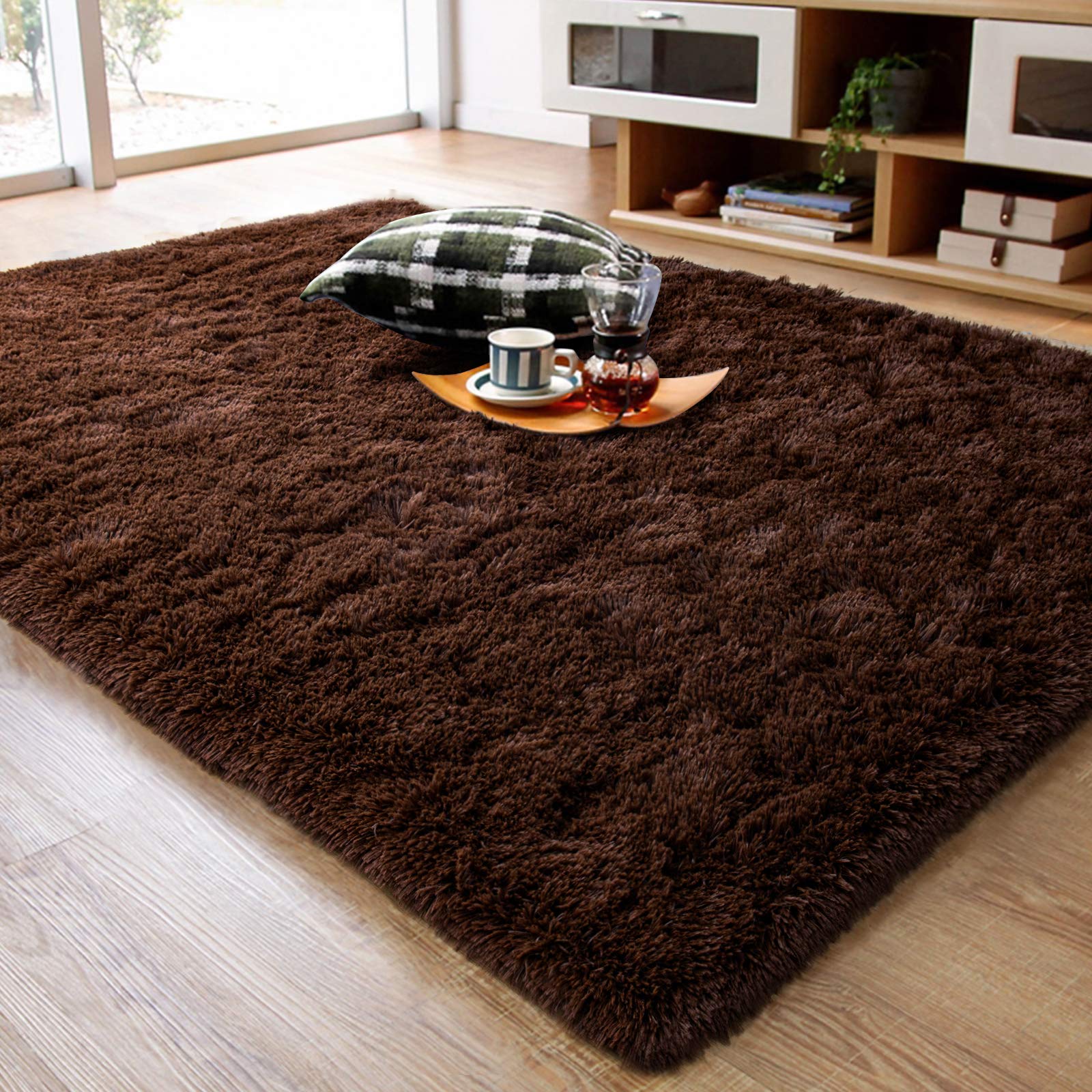 Ompaa Fluffy Area Rugs, Super Soft Shaggy Rug Fuzzy Long Fur Carpets for Bedroom Living Room Decor, 4 x 6 Feet Brown