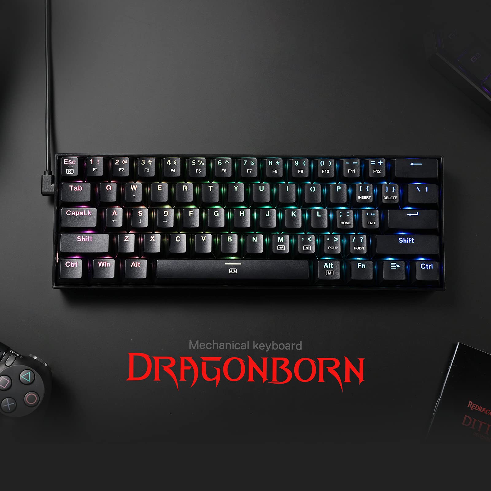 Redragon K630 Dragonborn 60% Wired RGB Gaming Keyboard, 61 Keys Compact Mechanical Keyboard with Linear Red Switch, Pro Driver Support, Black