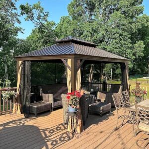 10' x 12' hardtop gazebo outdoor aluminum gazebos grill with galvanized steel double canopy for patios deck backyard,curtains&netting by domi outdoor living brown