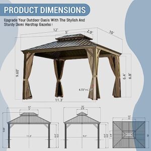 10' x 12' Hardtop Gazebo Outdoor Aluminum Gazebos Grill with Galvanized Steel Double Canopy for Patios Deck Backyard,Curtains&Netting by domi outdoor living Brown