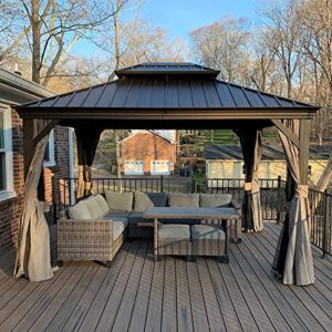 10' x 12' Hardtop Gazebo Outdoor Aluminum Gazebos Grill with Galvanized Steel Double Canopy for Patios Deck Backyard,Curtains&Netting by domi outdoor living Brown