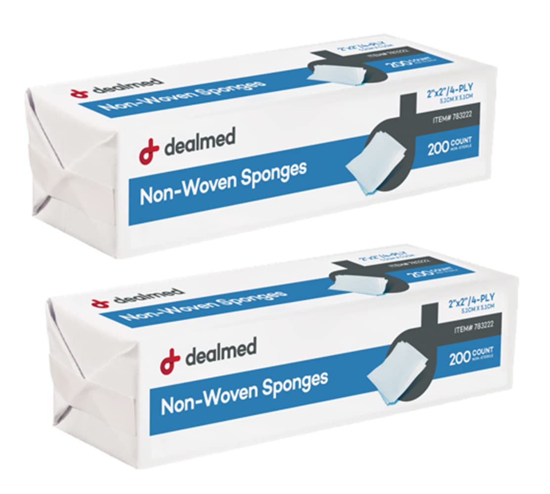 Dealmed 2" x 2" Non-Woven Gauze Sponges - 4-Ply All-Purpose Non-Sterile Pads, Absorbent Dental Gauze Wound Care Product for First Aid Kit/Medical Facilities, 200 Count (Pack of 2)