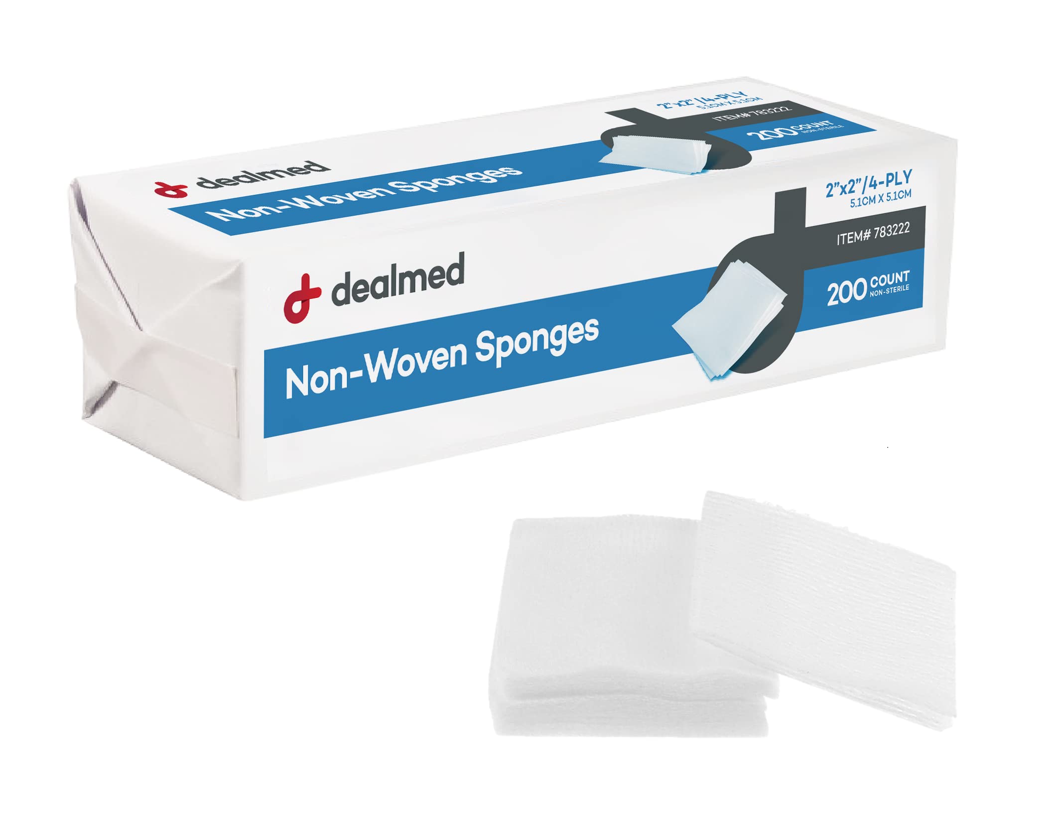 Dealmed 2" x 2" Non-Woven Gauze Sponges - 4-Ply All-Purpose Non-Sterile Pads, Absorbent Dental Gauze Wound Care Product for First Aid Kit/Medical Facilities, 200 Count (Pack of 2)