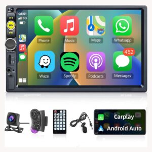 Apple Carplay Double Din Car Stereo Radio with Bluetooth, Rimoody 7 Inch HD Touchscreen Car Radio with Android Auto Mirror Link, Backup Camera, Steering Wheel, FM, USB/TF/AUX