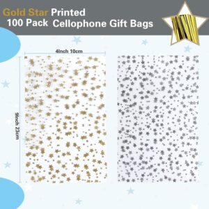 COQOFA 100 Pcs Star Printed 4"X 9" Gift Wrap Cello Cellophane Treat Bags Party Favor bags Clear Candy Cookie Bags Plastic Poly Goodie Storage Bags with Twist Ties for Bakery,Birthday, Wedding ,Party Decorations (Gold)