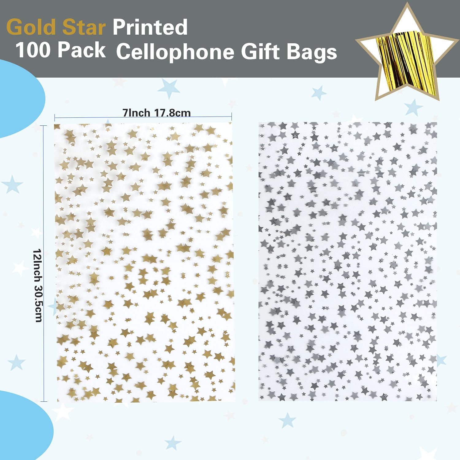 COQOFA 100 Pcs Star Printed 7"X 12" Gift Wrap Cello Cellophane Treat Bags Party Favor bags Clear Candy Cookie Bags Plastic Poly Goodie Storage Bags with Twist Ties for Bakery,Birthday, Wedding ,Party Decorations (Gold)