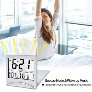 KANBIT Digital Travel Alarm Clock Battery Operated, Portable Large Number Display Alarm Clock with Temperature,12/24 H Small Desk Clock -Silver (NO Light)