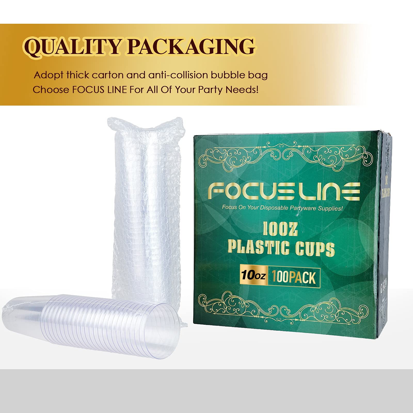 FOCUSLINE 100 Pack Clear Plastic Cups 10 oz Disposable Cups Heavy Duty Plastic Tumblers, Reusable Clear Hard Plastic Cups Tumblers for Wedding, Thanksgiving, Halloween, Christmas Party