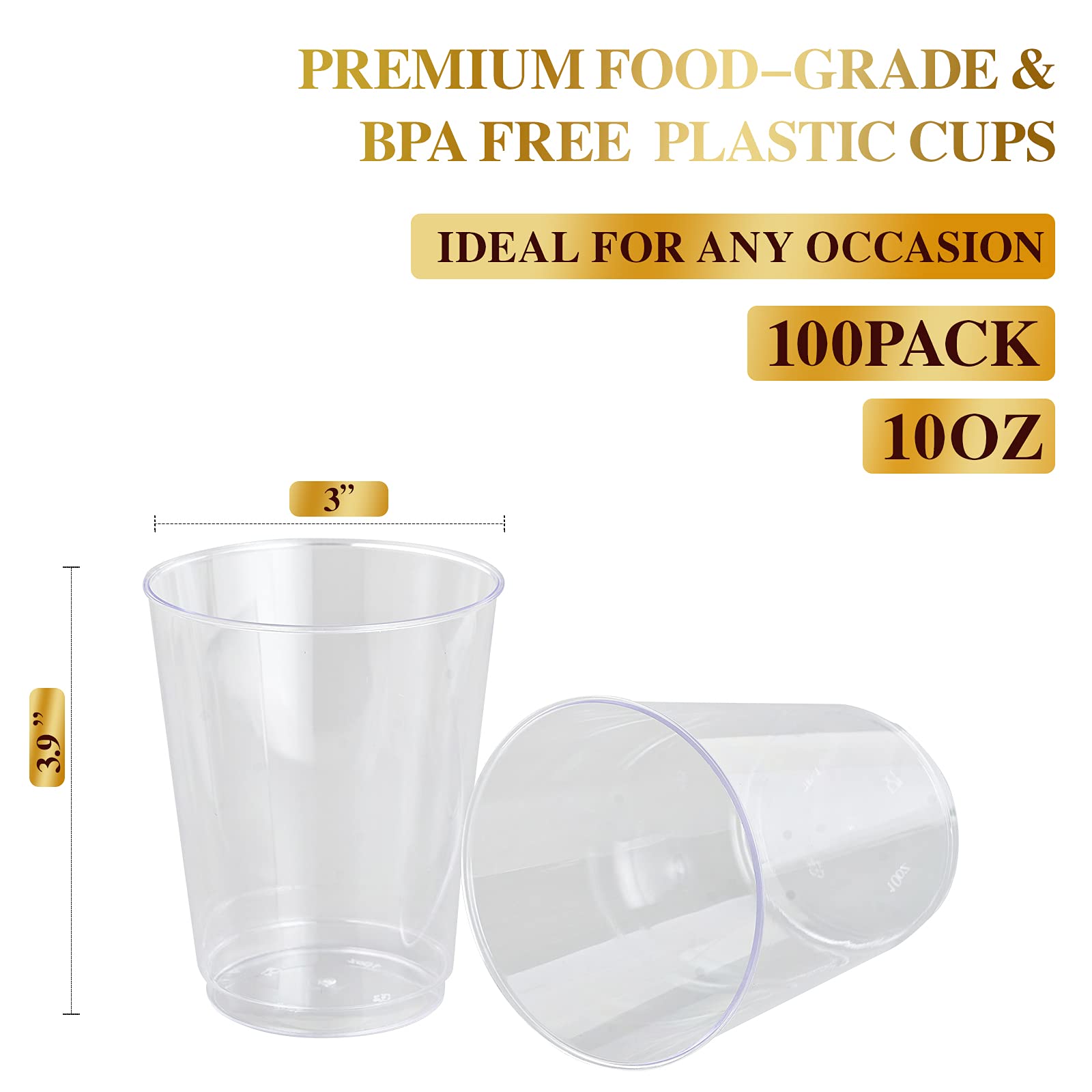 FOCUSLINE 100 Pack Clear Plastic Cups 10 oz Disposable Cups Heavy Duty Plastic Tumblers, Reusable Clear Hard Plastic Cups Tumblers for Wedding, Thanksgiving, Halloween, Christmas Party