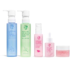 w7 self-care skincare set - 5 step daily routine - moisturizer, serum, toner, cleanser & lip mask - full size skin care kit for natural, beautiful skin