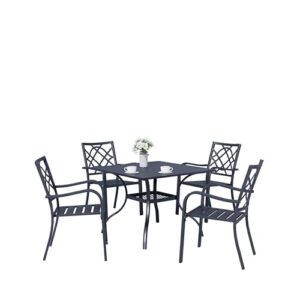 SOLAURA 5-Piece Outdoor Patio Dining Set, 4 Person Outside Table and Chairs Set, Metal Stacked Chairs of 4, Slat Table Top with 1.57" Umbrella Hole (Black)