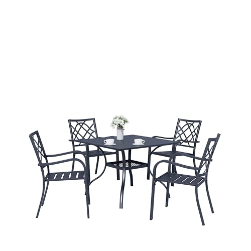 SOLAURA 5-Piece Outdoor Patio Dining Set, 4 Person Outside Table and Chairs Set, Metal Stacked Chairs of 4, Slat Table Top with 1.57" Umbrella Hole (Black)