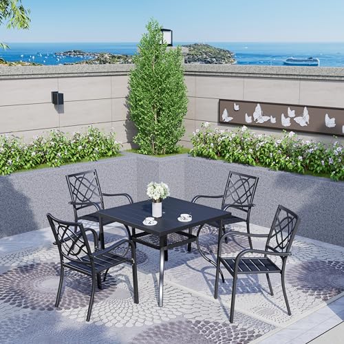 SOLAURA 5-Piece Outdoor Patio Dining Set, 4 Person Outside Table and Chairs Set, Metal Stacked Chairs of 4, Slat Table Top with 1.57" Umbrella Hole (Black)