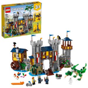 lego creator 3 in 1 medieval castle toy, transforms from castle to tower to marketplace, includes skeleton and dragon figure, with 3 minifigures and catapult, 31120