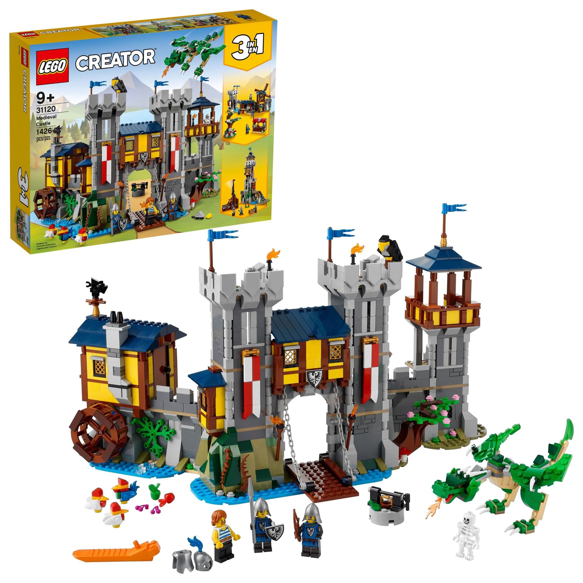 LEGO Creator 3 in 1 Medieval Castle Toy, Transforms from Castle to Tower to Marketplace, includes Skeleton and Dragon Figure, with 3 Minifigures and Catapult, 31120