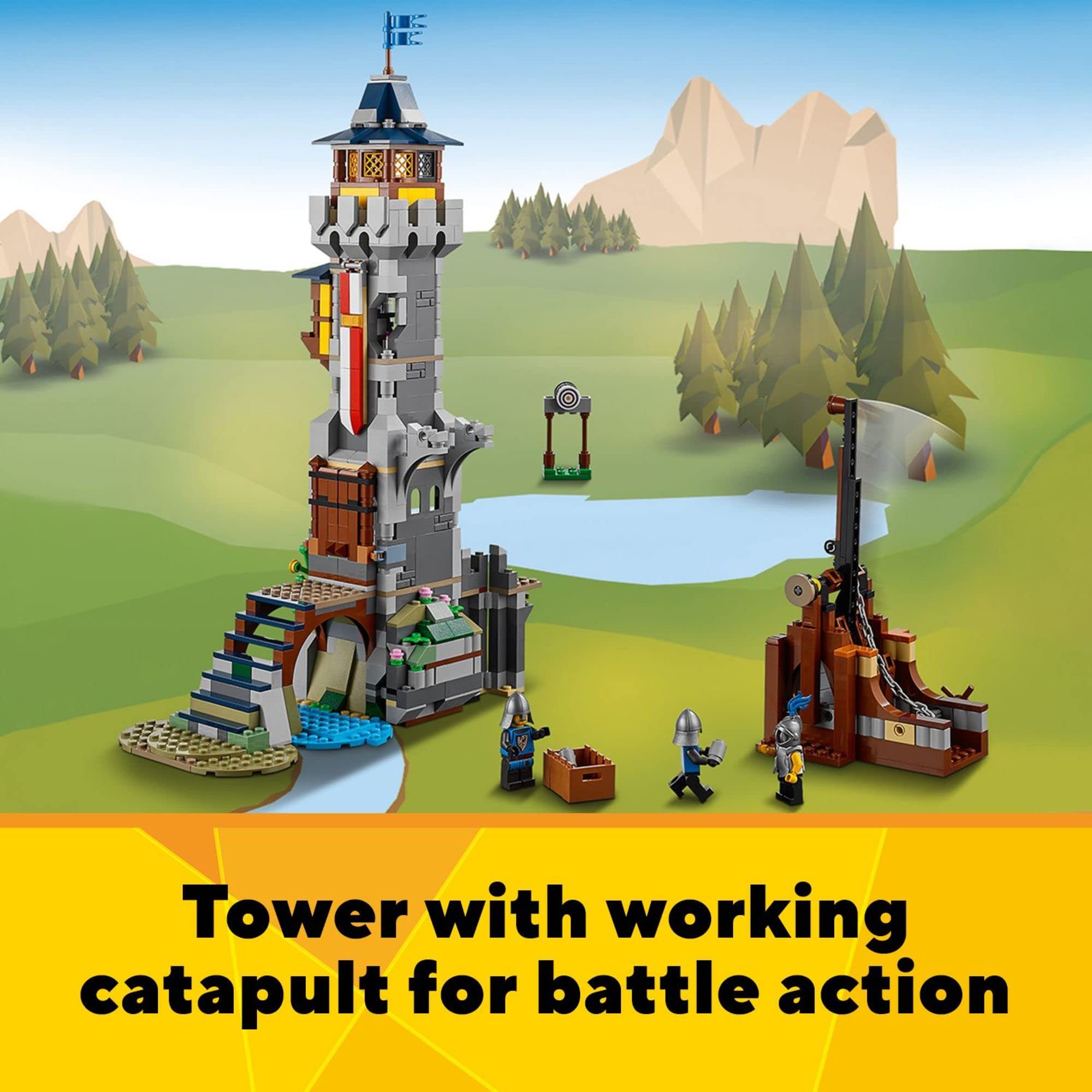 LEGO Creator 3 in 1 Medieval Castle Toy, Transforms from Castle to Tower to Marketplace, includes Skeleton and Dragon Figure, with 3 Minifigures and Catapult, 31120