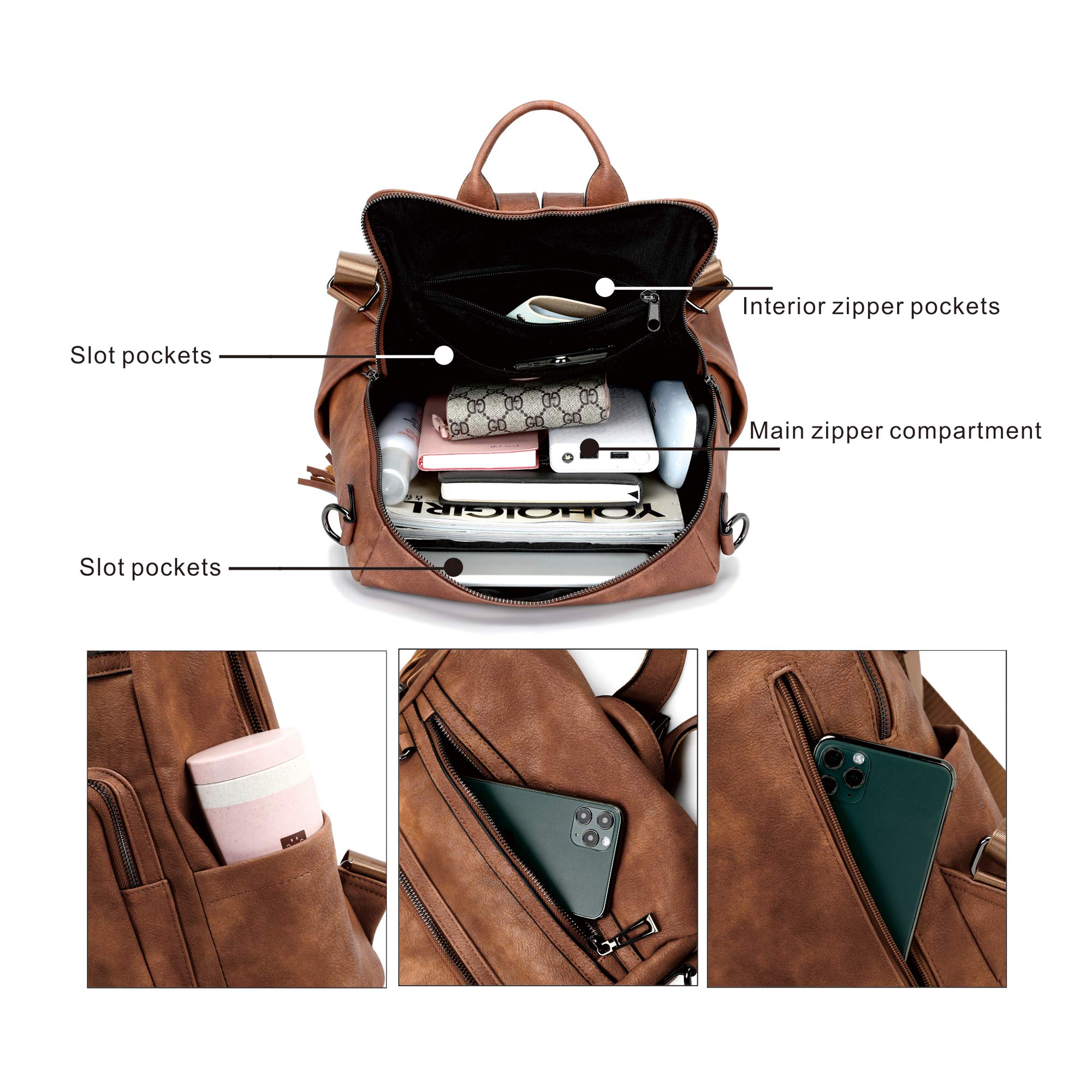 OPAGE Leather Backpack Purse for Women Fashion Tassel Ladies Shoulder Bags Designer Large Backpack Travel Bag