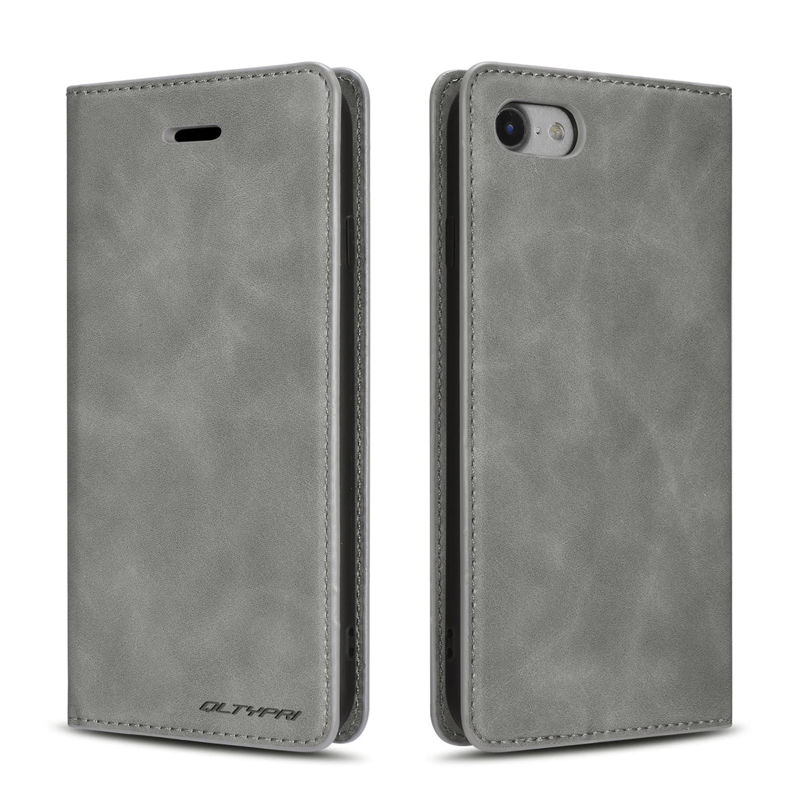 QLTYPRI Case for iPhone SE 2022 5G/iPhone SE 2020/iPhone 8/iPhone 7, Premium PU Leather Cover TPU Bumper with Card Holder Kickstand Magnetic Adsorption Flip Wallet Case for iPhone 7/8/SE2/SE3 - Grey