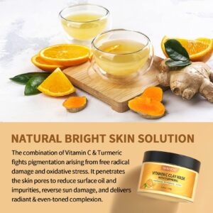 Vitamin C Face Mask with Kaolin Clay and Turmeric for Dark Spots, Dull Skin, Skincare Facial Mask for Controlling Oil and Refining Pores 5.29 Oz