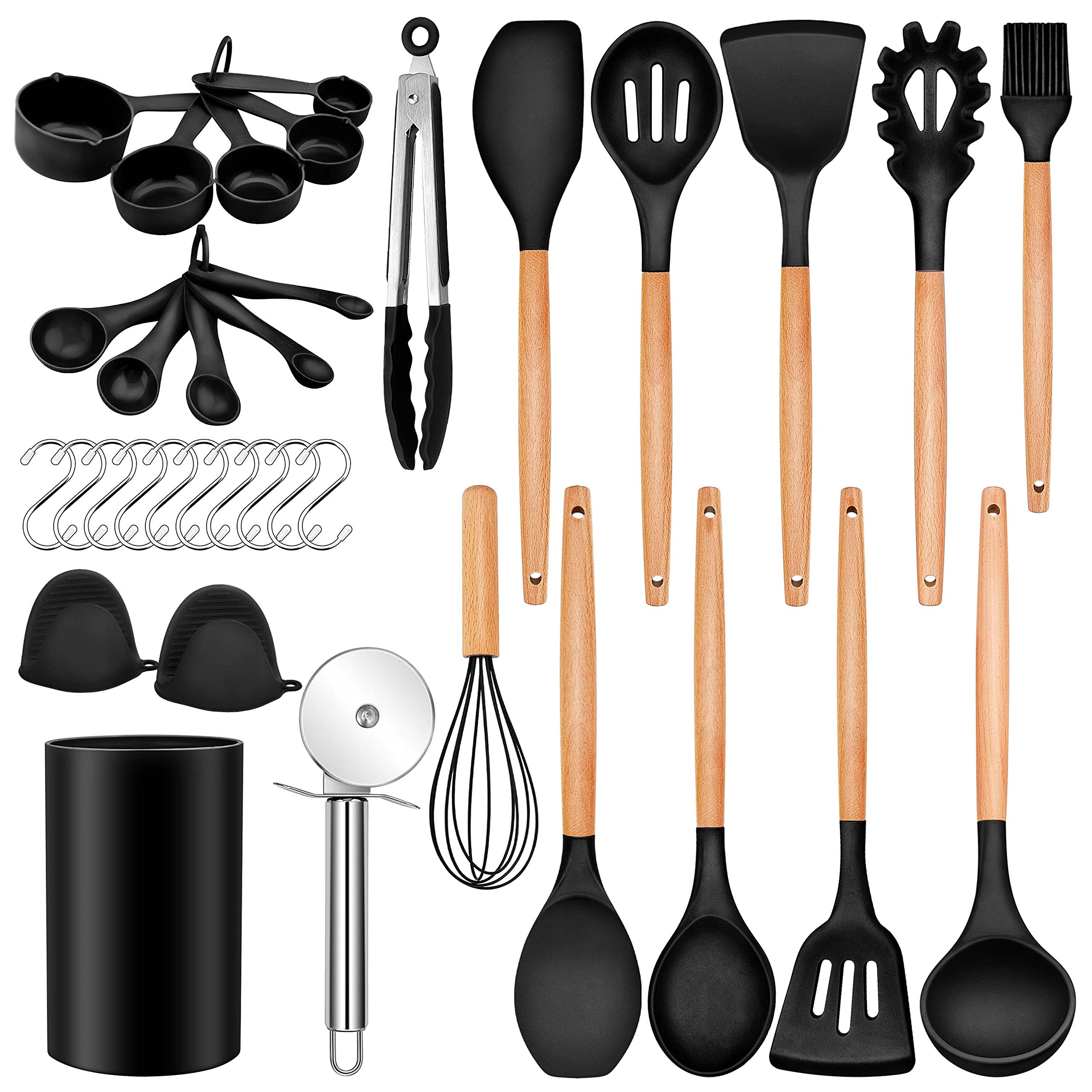 Homikit 35-Piece Kitchen Cooking Utensils Set with Holder, Non-Stick Silicone Cookware Utensils Spatula Set, Heat Resistant Kitchen Tools with Spoon Whisk Turner Tong, Wooden Handle, Black