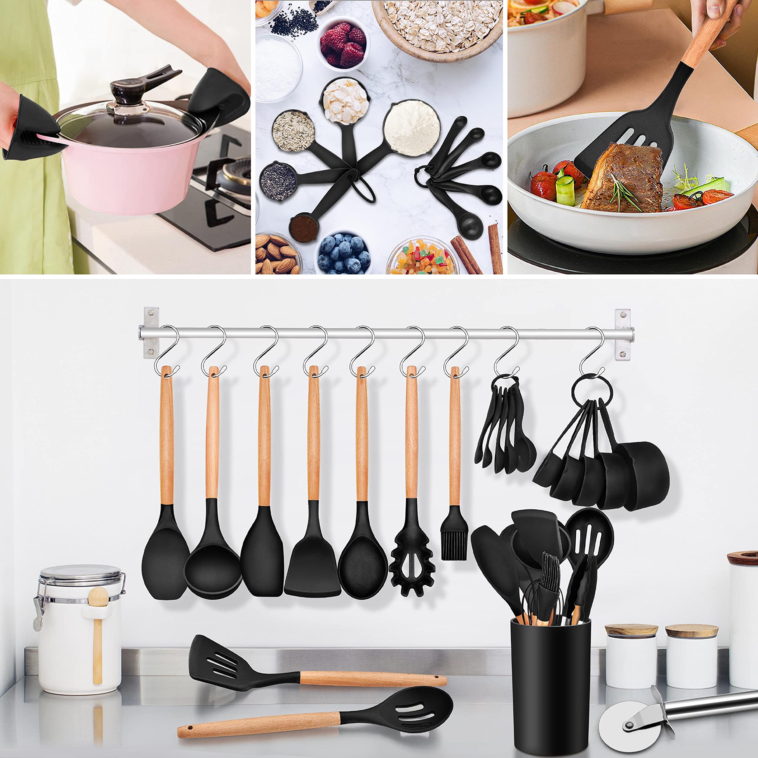 Homikit 35-Piece Kitchen Cooking Utensils Set with Holder, Non-Stick Silicone Cookware Utensils Spatula Set, Heat Resistant Kitchen Tools with Spoon Whisk Turner Tong, Wooden Handle, Black