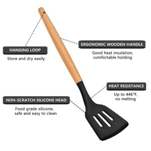 Homikit 35-Piece Kitchen Cooking Utensils Set with Holder, Non-Stick Silicone Cookware Utensils Spatula Set, Heat Resistant Kitchen Tools with Spoon Whisk Turner Tong, Wooden Handle, Black