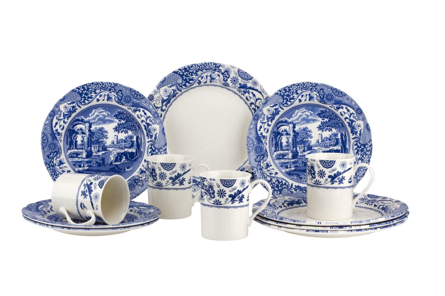 Spode Blue Italian Brocato 12 Piece Dinnerware Set | Service for 4 | Dinner Plate, Salad Plate, and Mug | Made of Fine Earthenware | Microwave and Dishwasher Safe