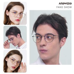 ANDWOOD Blue Light Blocking Glasses Women Men Small Face Computer 2 Pack Bluelight Blocker Super Lightweight Metal Frame Round