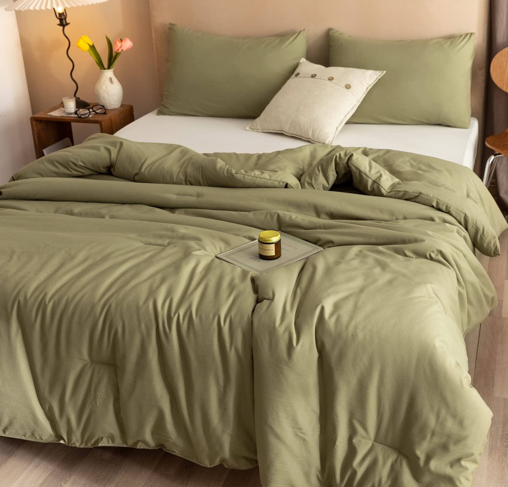 ROSGONIA Queen Comforter Set Olive Green, 3pcs Bedding Sets Queen (1 Boho Olive Comforter & 2 Pillowcases), All Season Lightweight Blanket Quilt