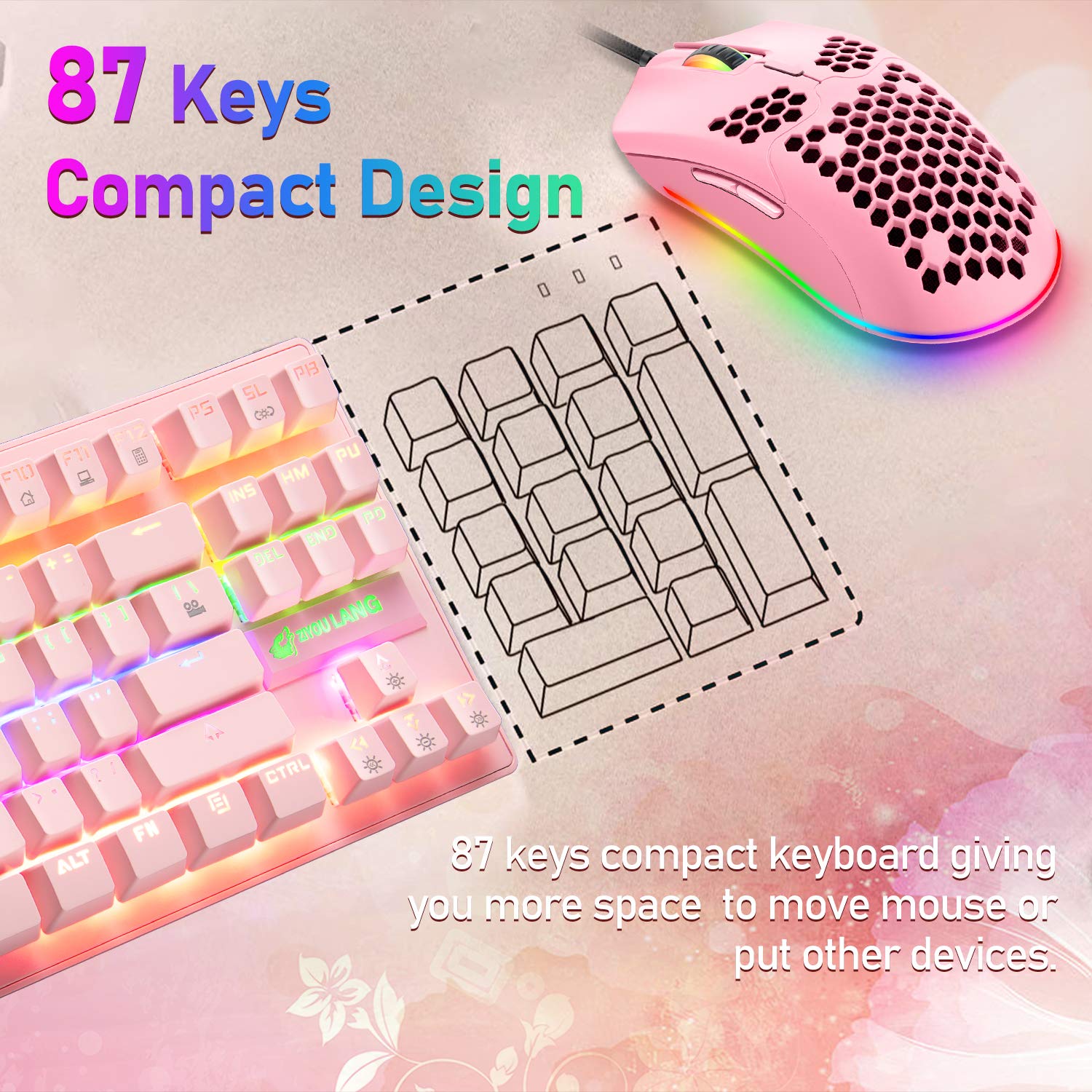 Pink Mechanical Gaming Keyboard Blue Switch Mini 87 Keys Wired Rainbow LED Backlit Keyboard Professional Lightweight Gaming Mouse Gaming Mice Pad for Gamers and Typists