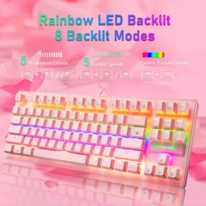 Pink Mechanical Gaming Keyboard Blue Switch Mini 87 Keys Wired Rainbow LED Backlit Keyboard Professional Lightweight Gaming Mouse Gaming Mice Pad for Gamers and Typists