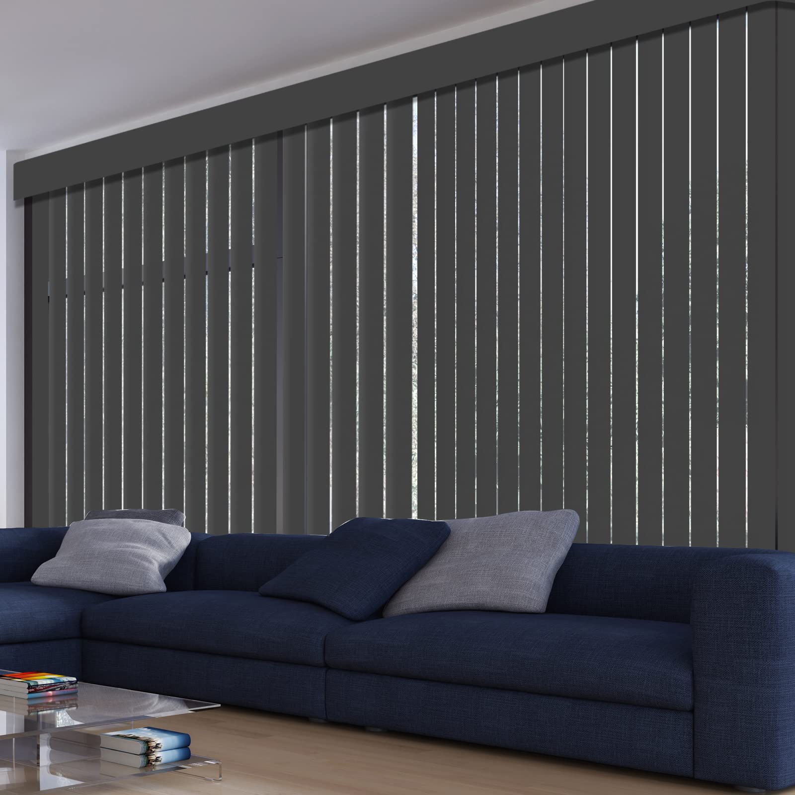 Cordless Vertical Blinds Window Blind, Dark Grey Custom Blackout Fabric Vertical Blind, Energy Saving UV Protection Noise Reduce Vertical Blinds for Sliding Glass Doors, Patio Doors