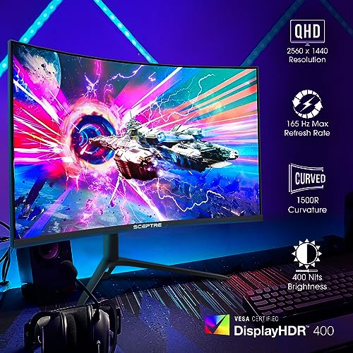 Sceptre Curved 27 inch 2K QHD Gaming Monitor 2560x1440 up to 165Hz 144Hz 1ms DisplayPort HDMI, 1500R AMD FreeSync Premium FPS RTS Build-in Speakers Machine Black (C275B-QWD168)