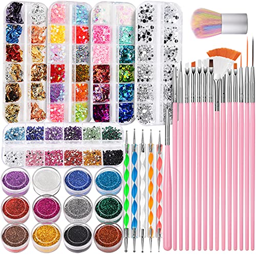 FANDAMEI Nail Art Kit, Nail Design Tools Kit with Nail Art Brushes, Nail Dotting Tools,Fine Glitter,Nail Butterfly, Nail Heart Glitter Sequins, Nail Foil Flakes, Nail Art Rhinestones, Nail Dust Brush