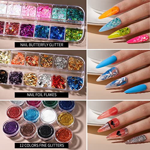 FANDAMEI Nail Art Kit, Nail Design Tools Kit with Nail Art Brushes, Nail Dotting Tools,Fine Glitter,Nail Butterfly, Nail Heart Glitter Sequins, Nail Foil Flakes, Nail Art Rhinestones, Nail Dust Brush