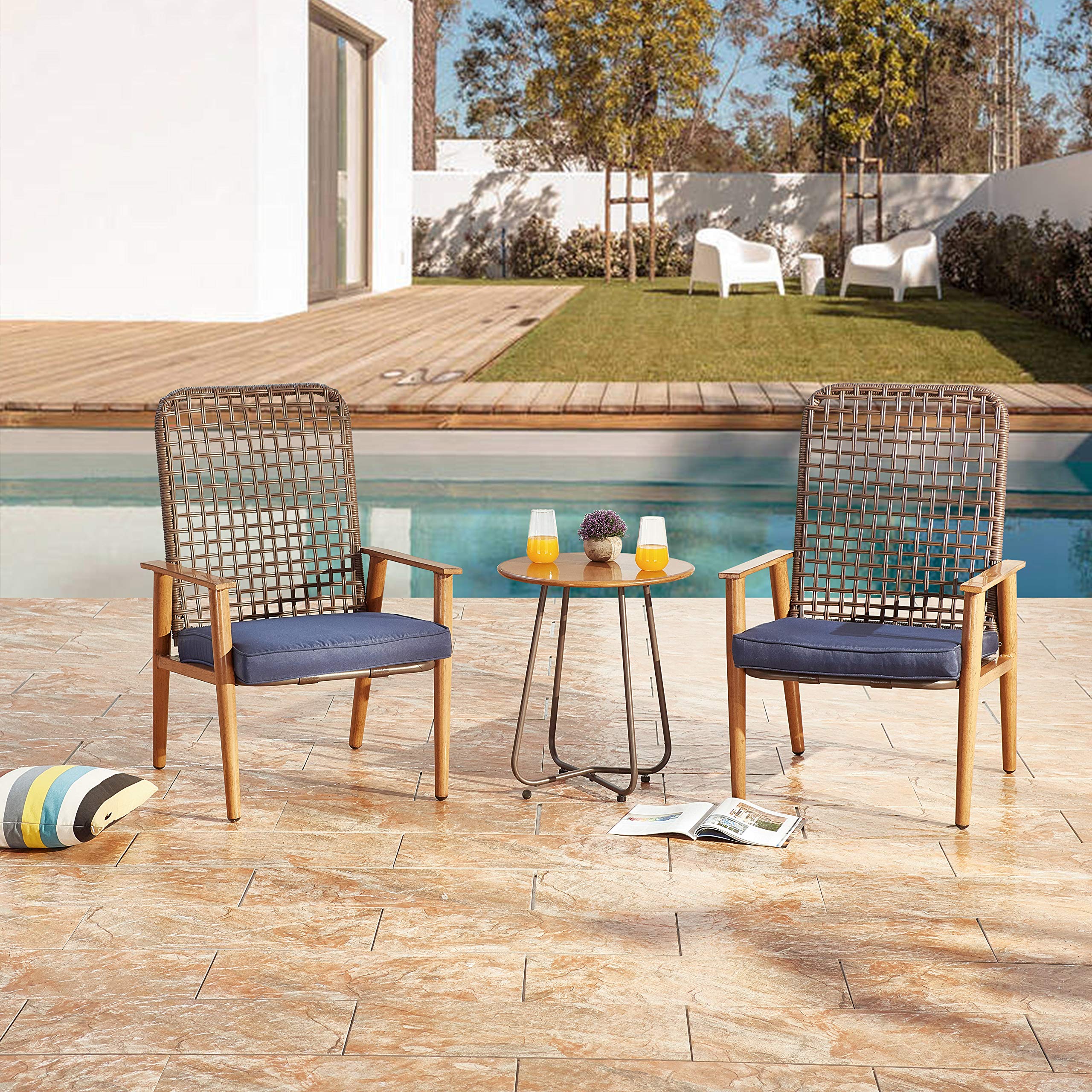 LOKATSE HOME Outdoor Patio 3 Piece Conversation Set Wicker Furniture 2 Cushioned Chairs and Side Table Modern Style, Blue