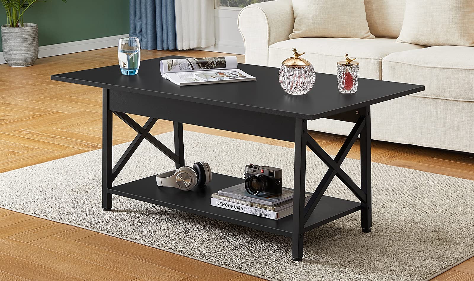 GreenForest Coffee Table Large 43.3 x 23.6 inch with Storage Shelf for Living Room, Easy Assembly, Black