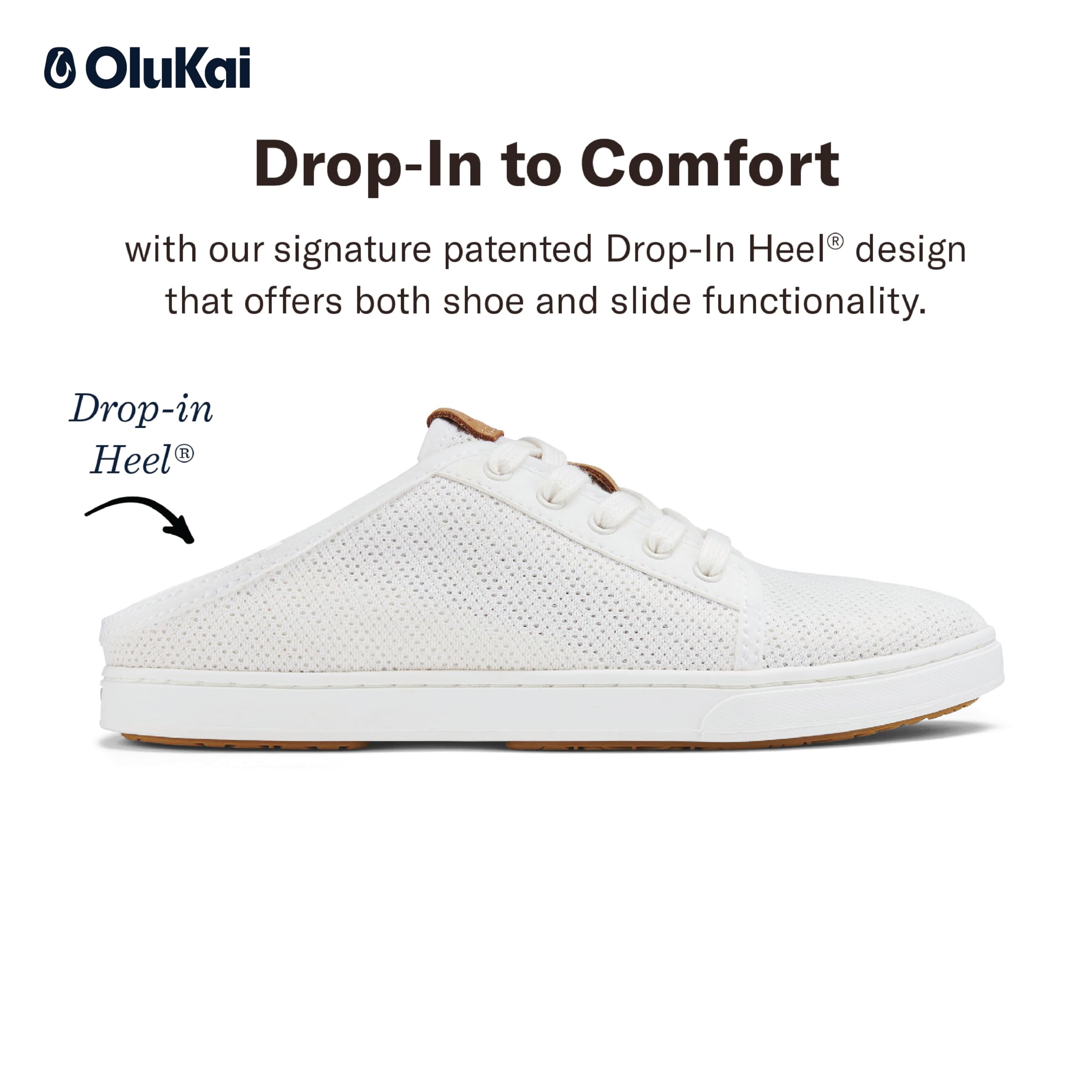 OLUKAI Pehuea Li Women's Slip On Sneakers, Casual Everyday Shoes with Drop-in Heel & Breathable Mesh Design, Lightweight & All-Day Comfort, White/White, 7