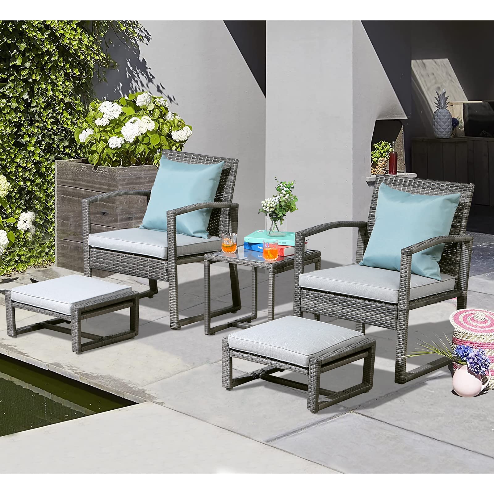 Patiorama 5 Piece Outdoor Patio Wicker Furniture Set, All Weather PE Rattan Chair and Ottoman Footstool Set, W/Coffee Table, Cushions (Light Grey) for Garden, Balcony, Porch, Space Saving Design