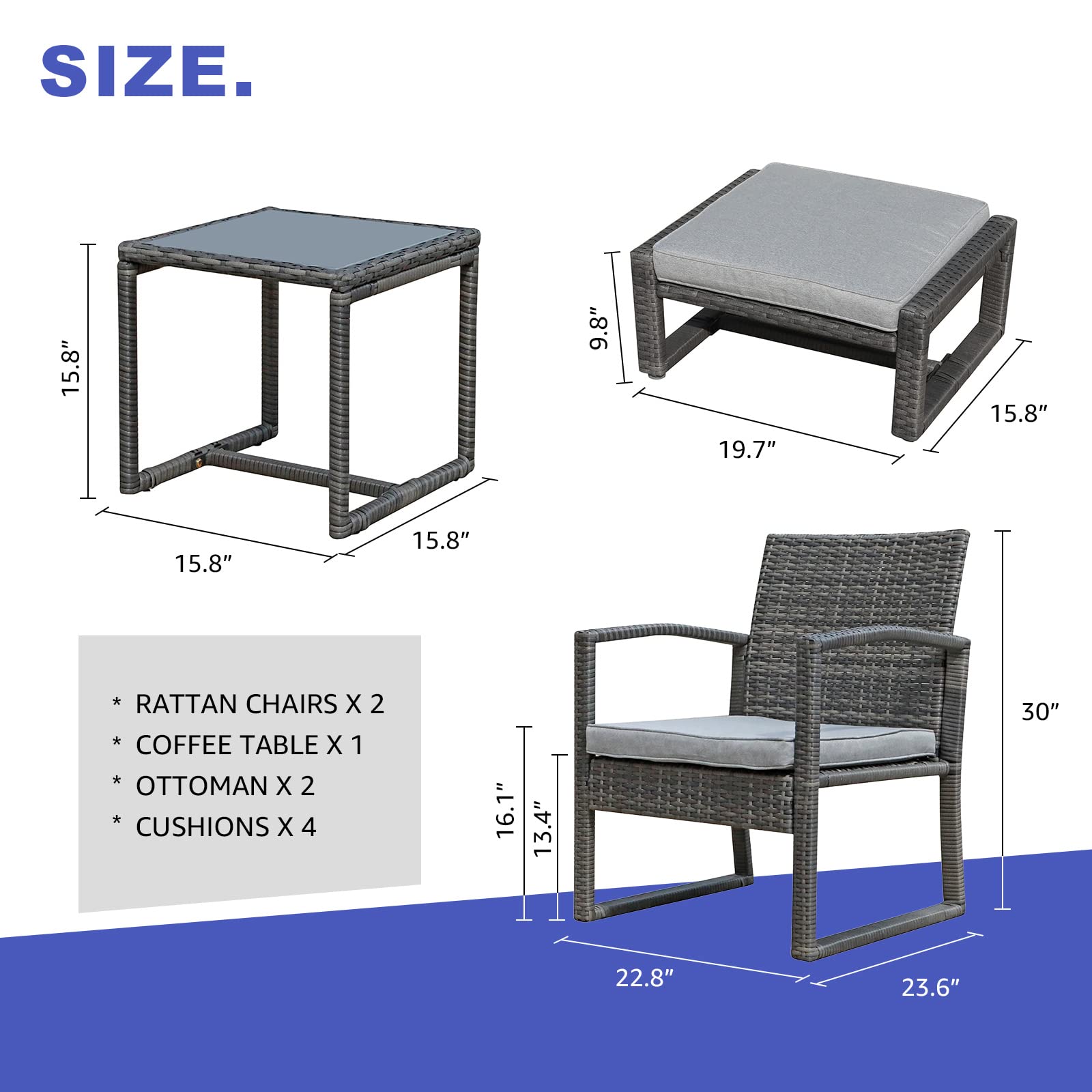 Patiorama 5 Piece Outdoor Patio Wicker Furniture Set, All Weather PE Rattan Chair and Ottoman Footstool Set, W/Coffee Table, Cushions (Light Grey) for Garden, Balcony, Porch, Space Saving Design