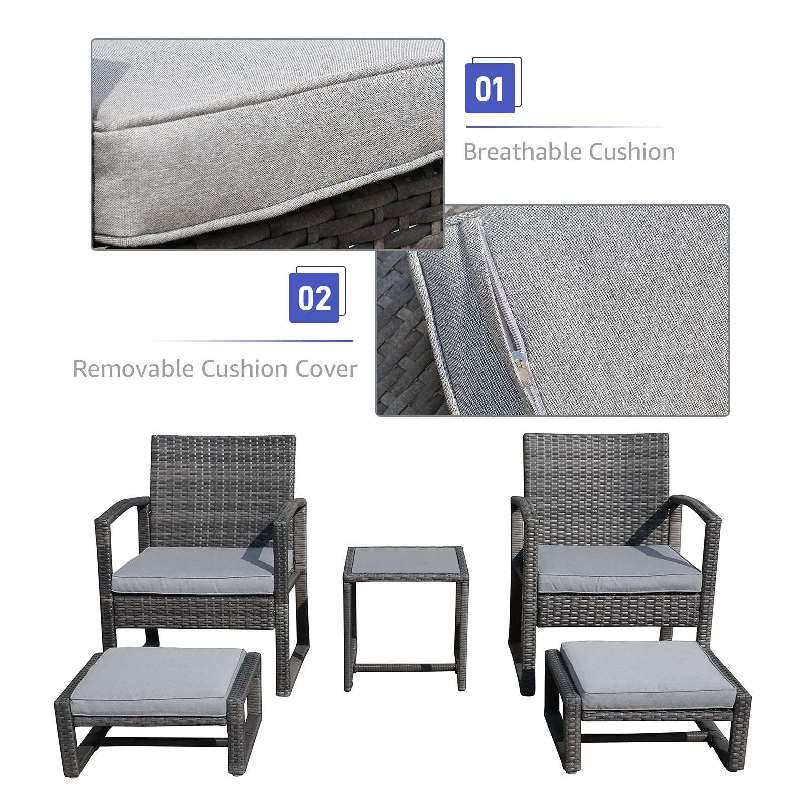 Patiorama 5 Piece Outdoor Patio Wicker Furniture Set, All Weather PE Rattan Chair and Ottoman Footstool Set, W/Coffee Table, Cushions (Light Grey) for Garden, Balcony, Porch, Space Saving Design