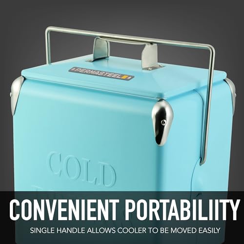 Permasteel 14-Quart Small Cooler Ice Chest | Retro Vintage Classic Style Hard Metal Cooler, PS-A205-14QT-TQ, Beverage Cooler for Camping Beach Picnic, Turquoise